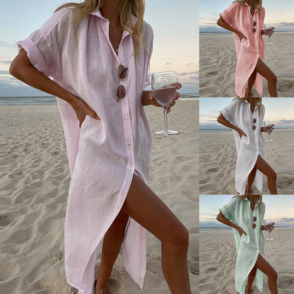 Women Fashion Casual Solid Color Cotton Linen Shirt Maxi Dress