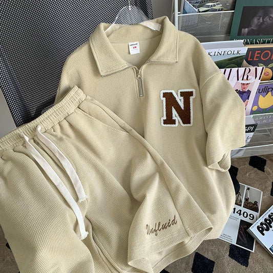 Conjunto deportivo informal de polo holgado de manga corta y pantalones cortos con cordón para mujer