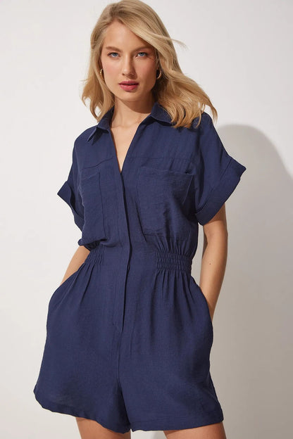 Overalls Casual Women Short-Sleeved Loose-Fit Cotton And Linen Casual Wide-Leg Rompers