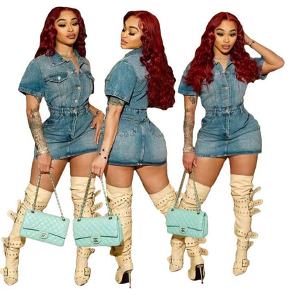 Summer Women Fashion Casual Lapel Button Short Sleeve Denim Dress
