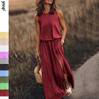 Summer Women Casual Basic Round Neck Sleeveless Side-slit Solid Color Long Dress