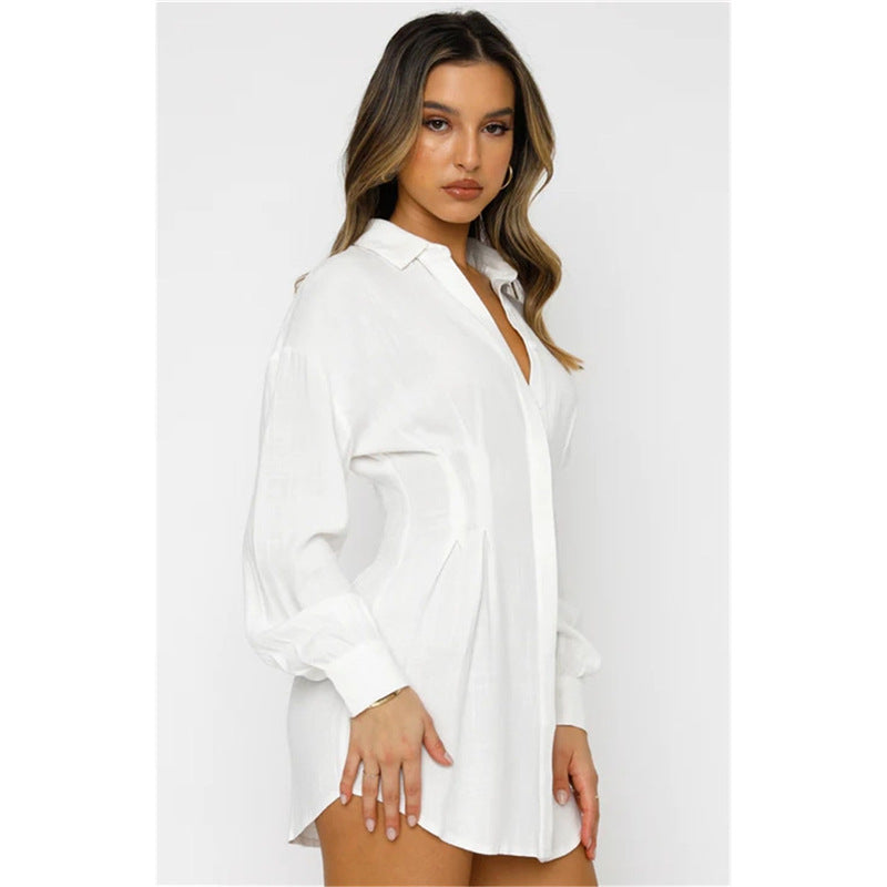 Women Autumn And Winter Solid Color Casual Defined Waist Shirt Dress