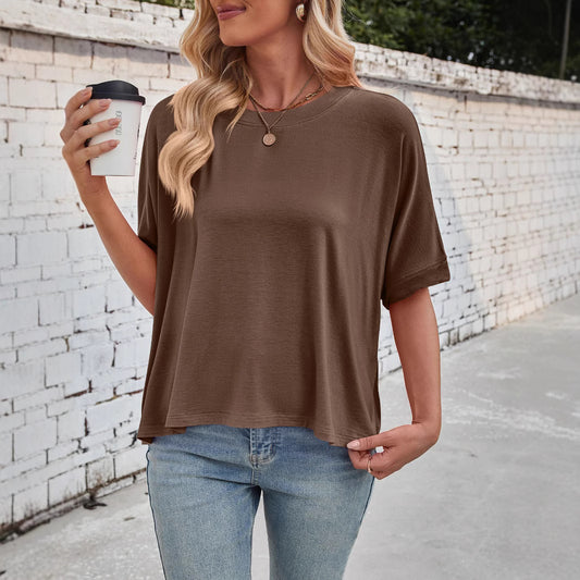 Women Casual Loose Solid Color Bat Sleeve Short Sleeve T-Shirt