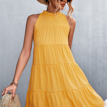 Vestido de verano para mujer, informal, dulce, de color liso, sin mangas, con cuello halter, holgado, corte A