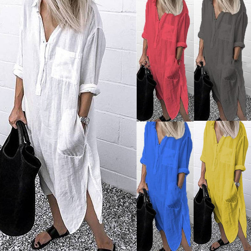 Summer Women Fashion Simple Casual Long Sleeve Shirt Split Dress