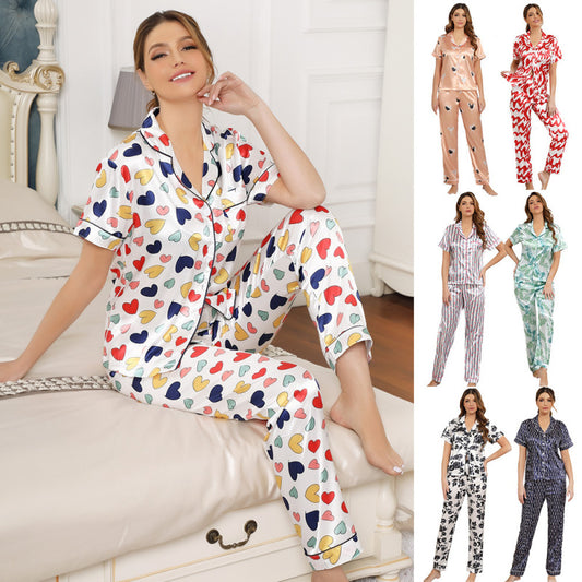Conjunto de pijama informal de seda sintética para mujer, con solapa y estampado de corazones multicolor, manga corta, para el hogar