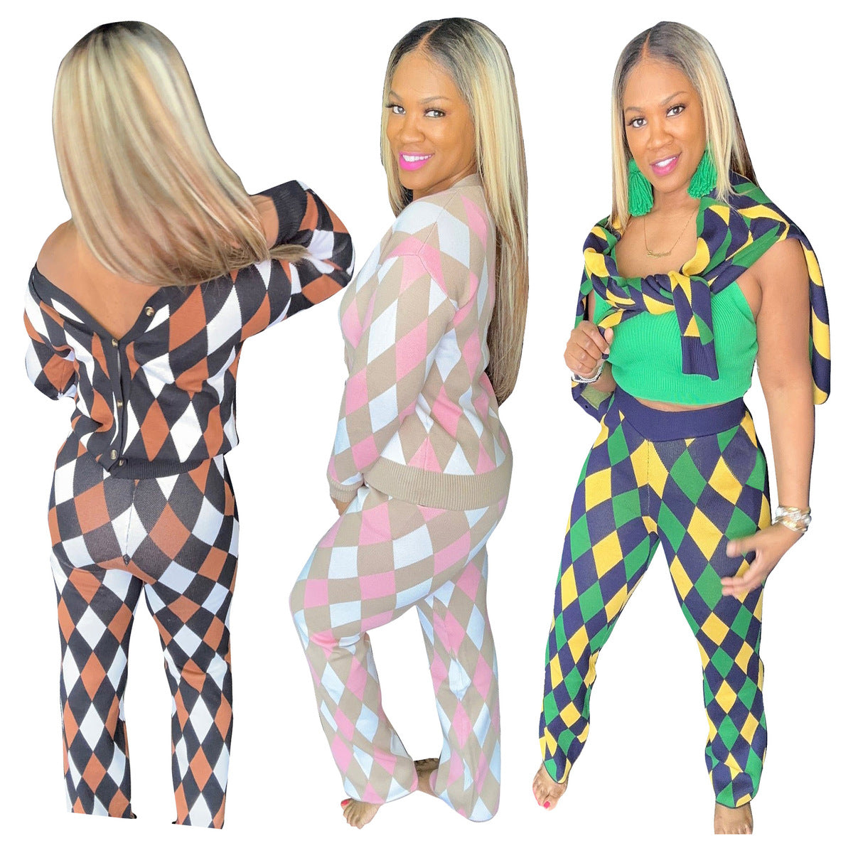 Conjunto de dos piezas de punto a cuadros para mujer, informal, de manga larga, con botonadura sencilla y pantalones holgados