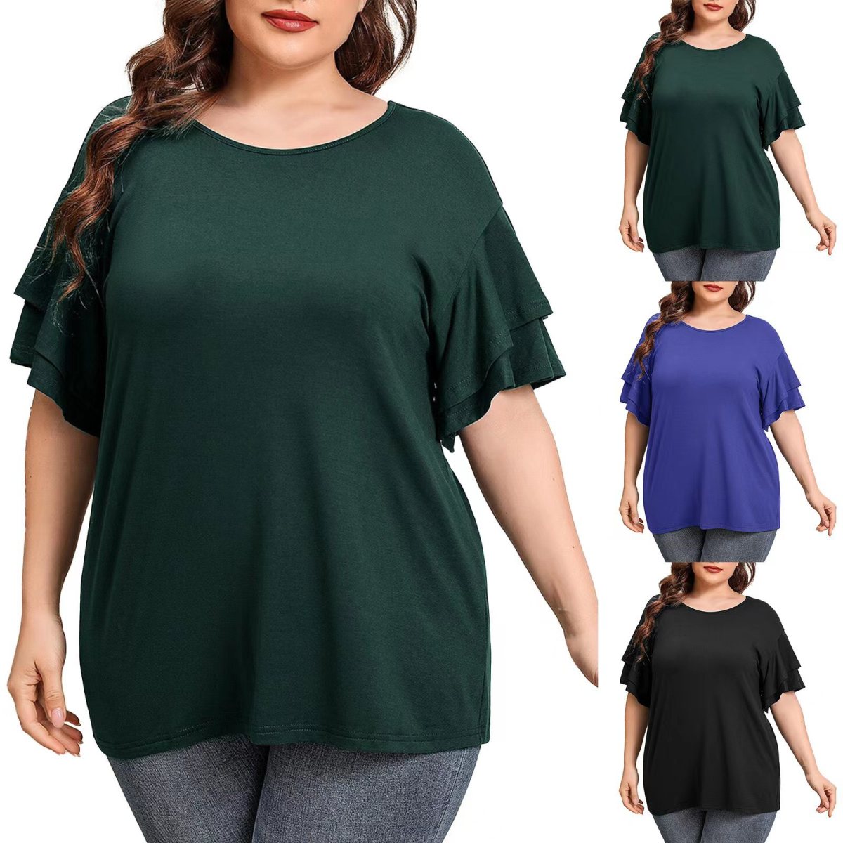 Summer Women Casual Plus Size Solid Color Round Neck Ruffle Short Sleeve Top