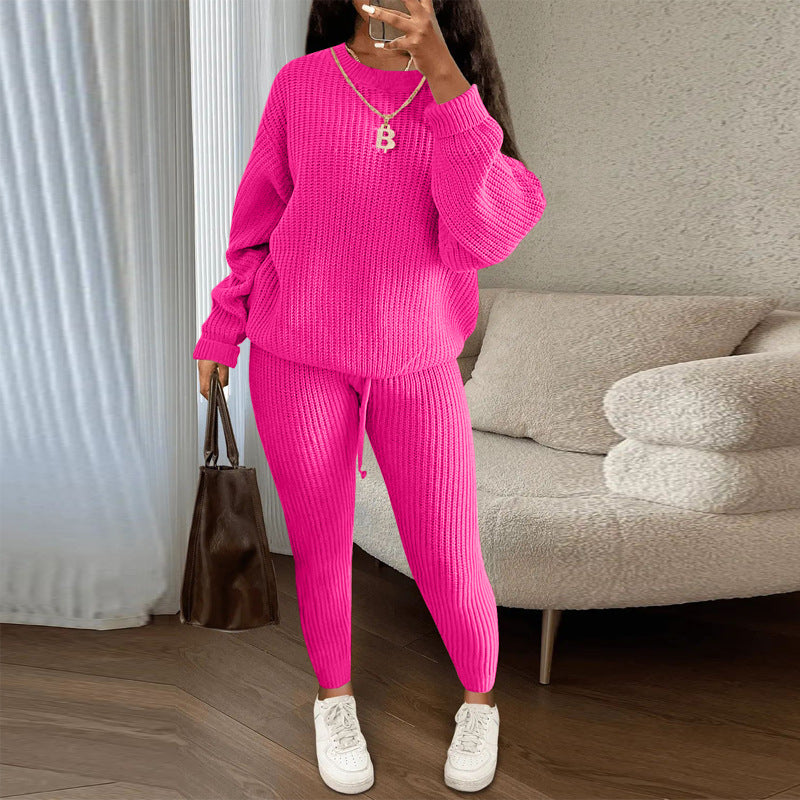 Fashion Casual Women Solid Color Knitted Long Sleeve Sweater And Pants Set