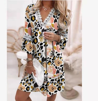 Women Elegant Bohemian V-Neck Floral Printed Lace Patchwork Casual Dress