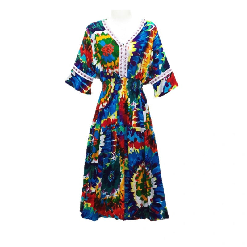 Vestido midi holgado informal de verano con cuello en V y mangas acampanadas para mujer