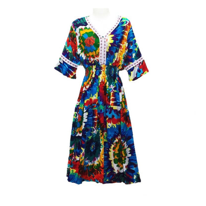 Vestido midi holgado informal de verano con cuello en V y mangas acampanadas para mujer