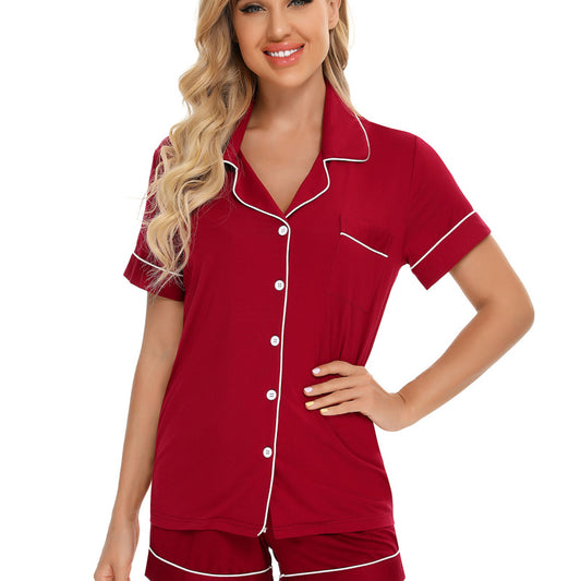 Pijama de dos piezas de verano para mujer, transpirable, informal, con solapa y manga corta.