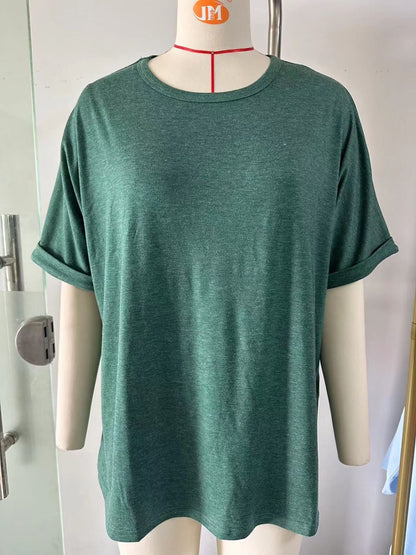 Camiseta informal de verano para mujer, color liso, cuello redondo y manga corta