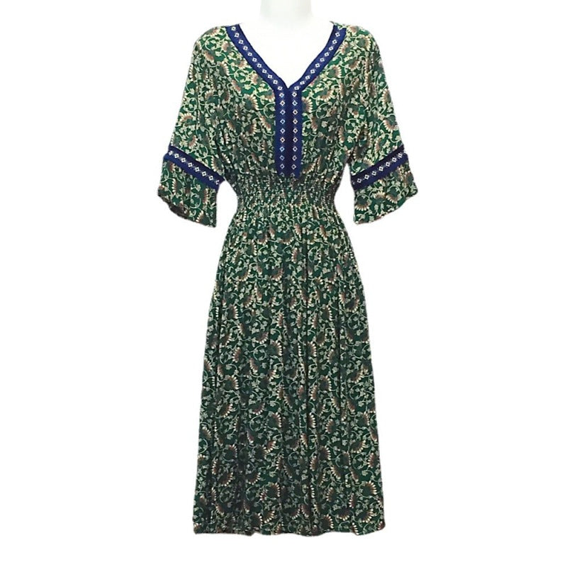 Vestido midi holgado informal de verano con cuello en V y mangas acampanadas para mujer