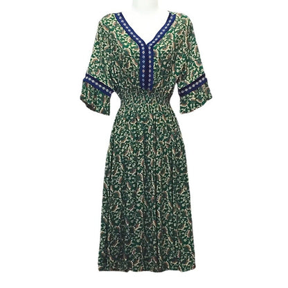 Vestido midi holgado informal de verano con cuello en V y mangas acampanadas para mujer