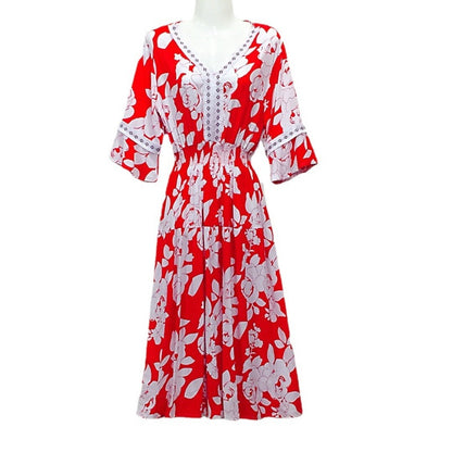 Vestido midi holgado informal de verano con cuello en V y mangas acampanadas para mujer