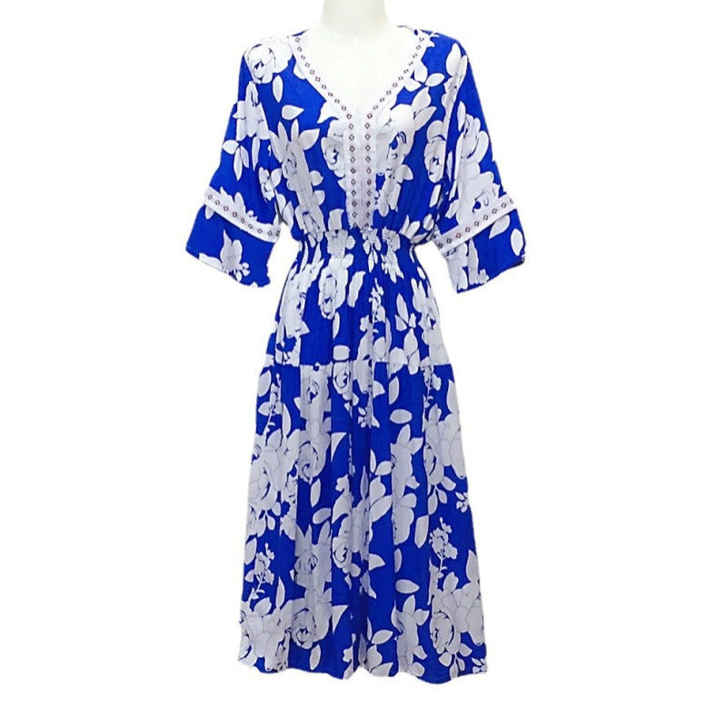 Vestido midi holgado informal de verano con cuello en V y mangas acampanadas para mujer