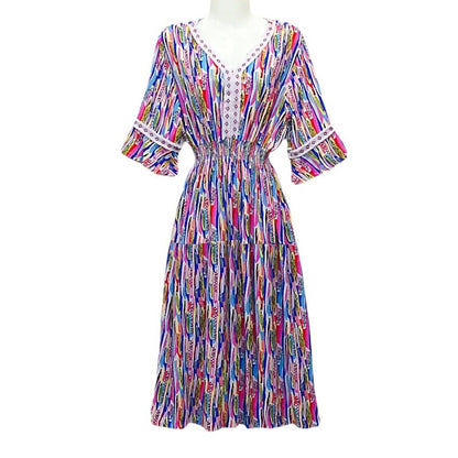 Vestido midi holgado informal de verano con cuello en V y mangas acampanadas para mujer