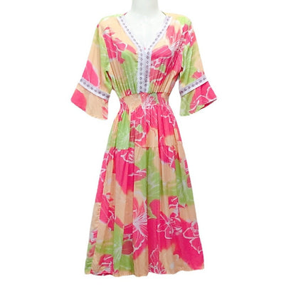 Vestido midi holgado informal de verano con cuello en V y mangas acampanadas para mujer