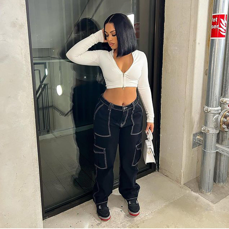 Women Fashion Casual Straight Stretch Cargo Pants Jeans