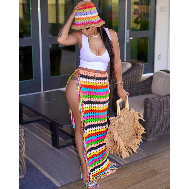 Falda playera informal con borlas de ganchillo hecha a mano para mujer