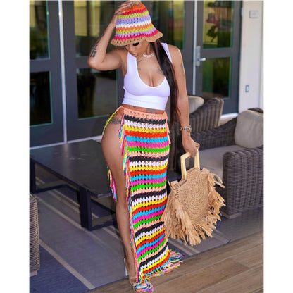 Falda playera informal con borlas de ganchillo hecha a mano para mujer