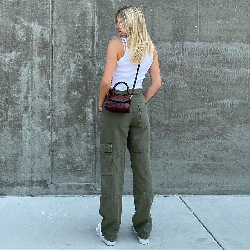 Pantalones vaqueros cargo de mezclilla de color sólido con cintura alta y bolsillos casuales para mujer