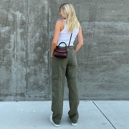 Pantalones vaqueros cargo de mezclilla de color sólido con cintura alta y bolsillos casuales para mujer