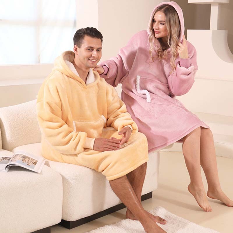 Couples Spring Autumn Casual Lazy Home Solid Color Flannel Long Sleeve Hooded Sleepwear