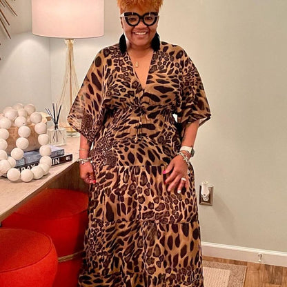 Women Fashion Casual Plus Size Leopard Print Deep V Dress