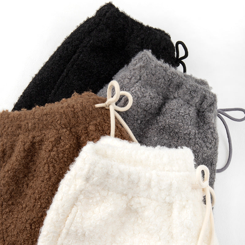 Women Fashion Casual Lamb Fleece High-Waist Wide Leg Shorts
