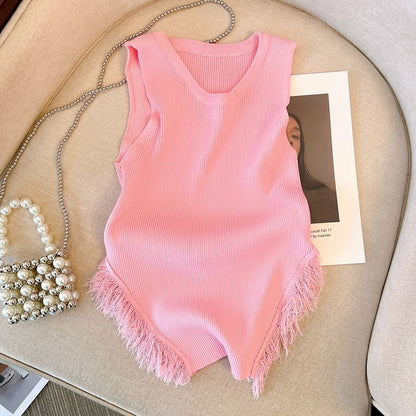 Conjunto de dos piezas de camisola de punto con borlas rosas informales a la moda para mujer, pantalones cortos de cintura alta