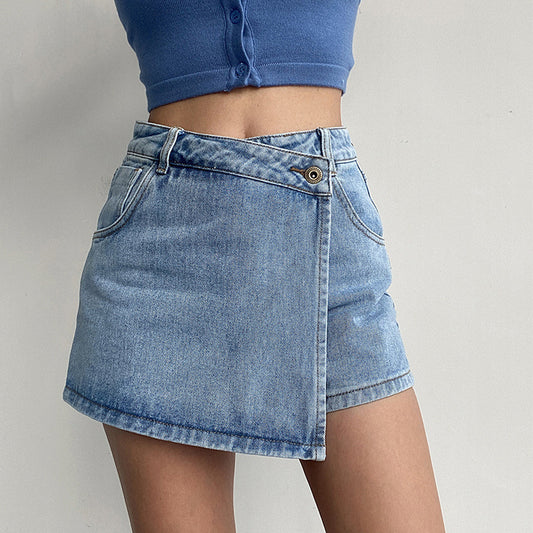 Pantalones cortos vaqueros de cintura alta con solapa y corte A para mujer, informales, de verano