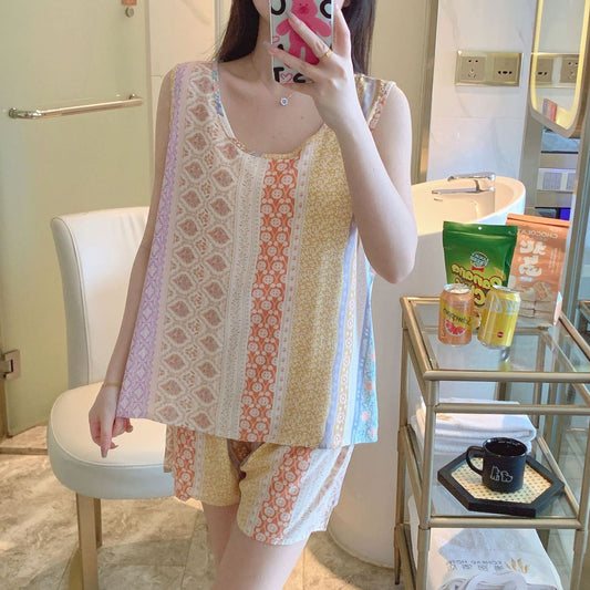 Conjunto de pijama de dos piezas de algodón y seda con camiseta sin mangas estampada informal para mujer