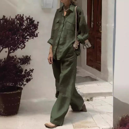 Conjunto de dos piezas de camisa y pantalones holgados de manga larga de color liso para mujer