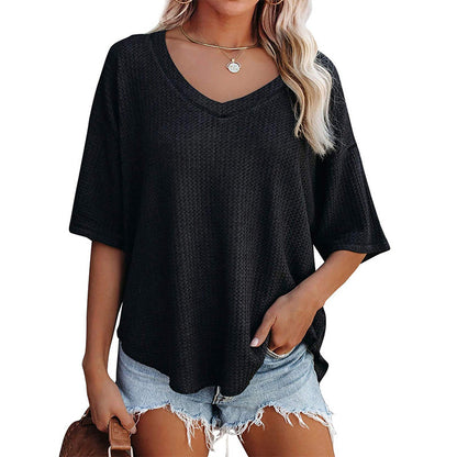 Prendas de punto informales con cuello en V y mangas cortas de color liso para mujer