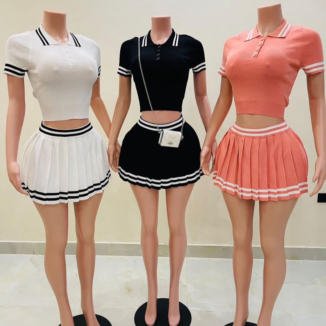 Conjunto de dos piezas de falda plisada y top de manga corta con solapa y botones para mujer