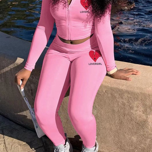 Women Printed Long Sleeve Zip Top And Pants Slim Fit Casual Sports Two-Piece Set