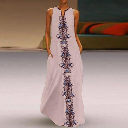 Women Boho Vintage Print Sleeveless V-Neck Loose Casual Maxi Dress