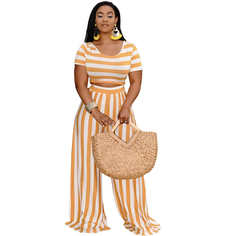Conjunto de pantalones holgados de manga corta con estampado de rayas informales a la moda para mujer