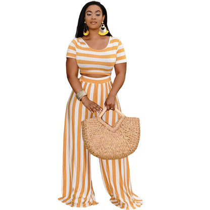 Conjunto de pantalones holgados de manga corta con estampado de rayas informales a la moda para mujer