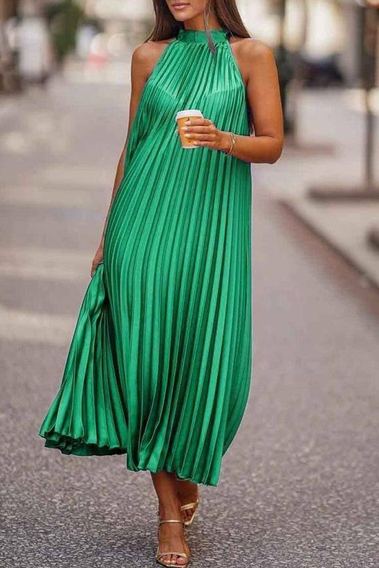 Vestido plisado sin mangas con cuello redondo informal a la moda para mujer