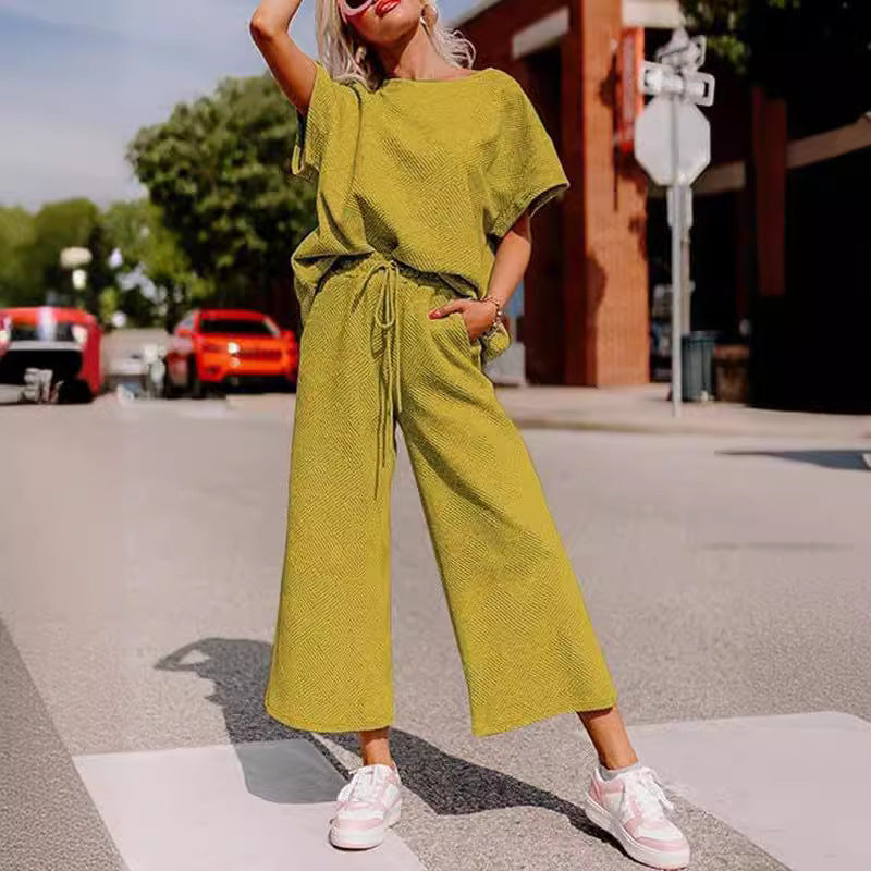 Women Fashion Casual Solid Color Short Sleeve Round-Neck Top Loose Drawstring Pants Two-Piece Set
