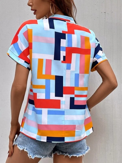 Blusas casuales de manga corta con cuello en V y estampado a cuadros para mujer