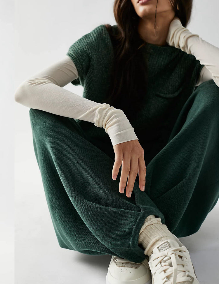 2023 Spring Casual Round Neck Pullover Solid Color Knitted Sweater Set Loose Leg Pants