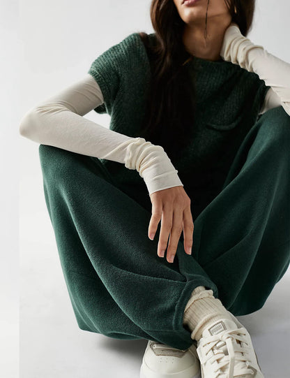 2023 Spring Casual Round Neck Pullover Solid Color Knitted Sweater Set Loose Leg Pants