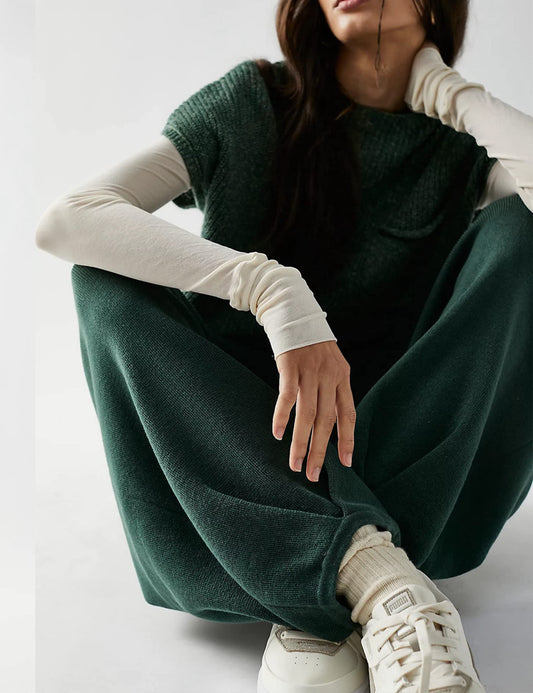 Conjunto de suéter de punto de color liso con cuello redondo informal de primavera 2023 y pantalones holgados