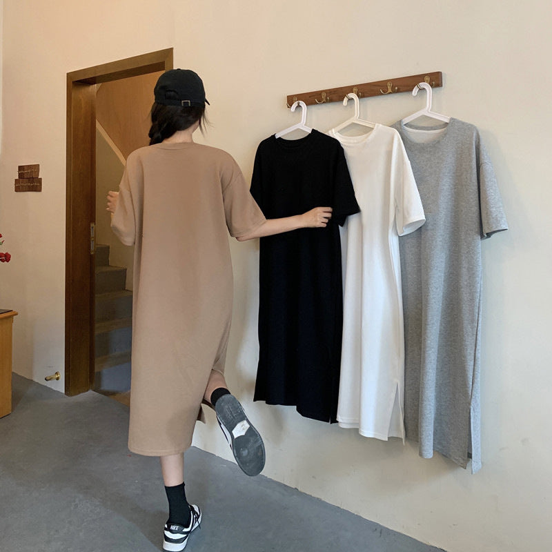 Vestido casual de manga corta de color liso para mujer