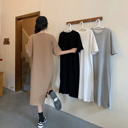 Vestido casual de manga corta de color liso para mujer